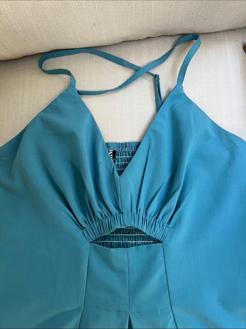 Teal Blue Spaghetti-Strap Midi Dress with Front Cutout - Picture 4 of 4